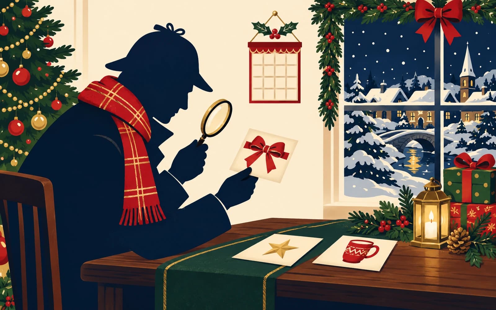 A winter detective examining a ribbon clue beside a star and cocoa clue card in a snowy village setting