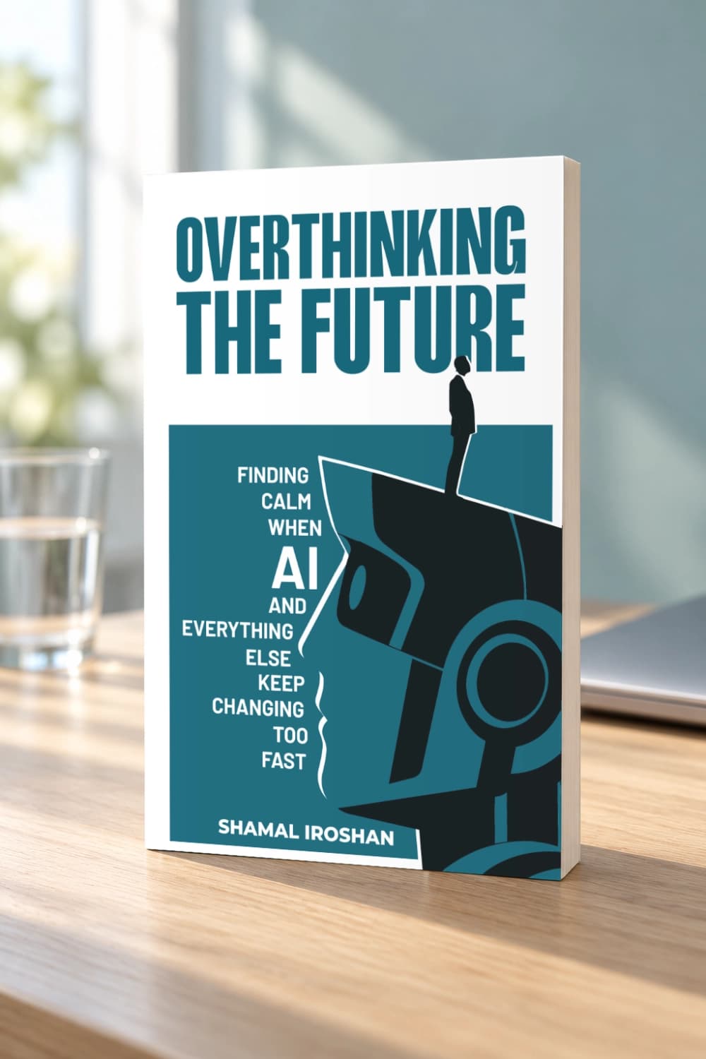 Overthinking the Future standing on a pale oak desk