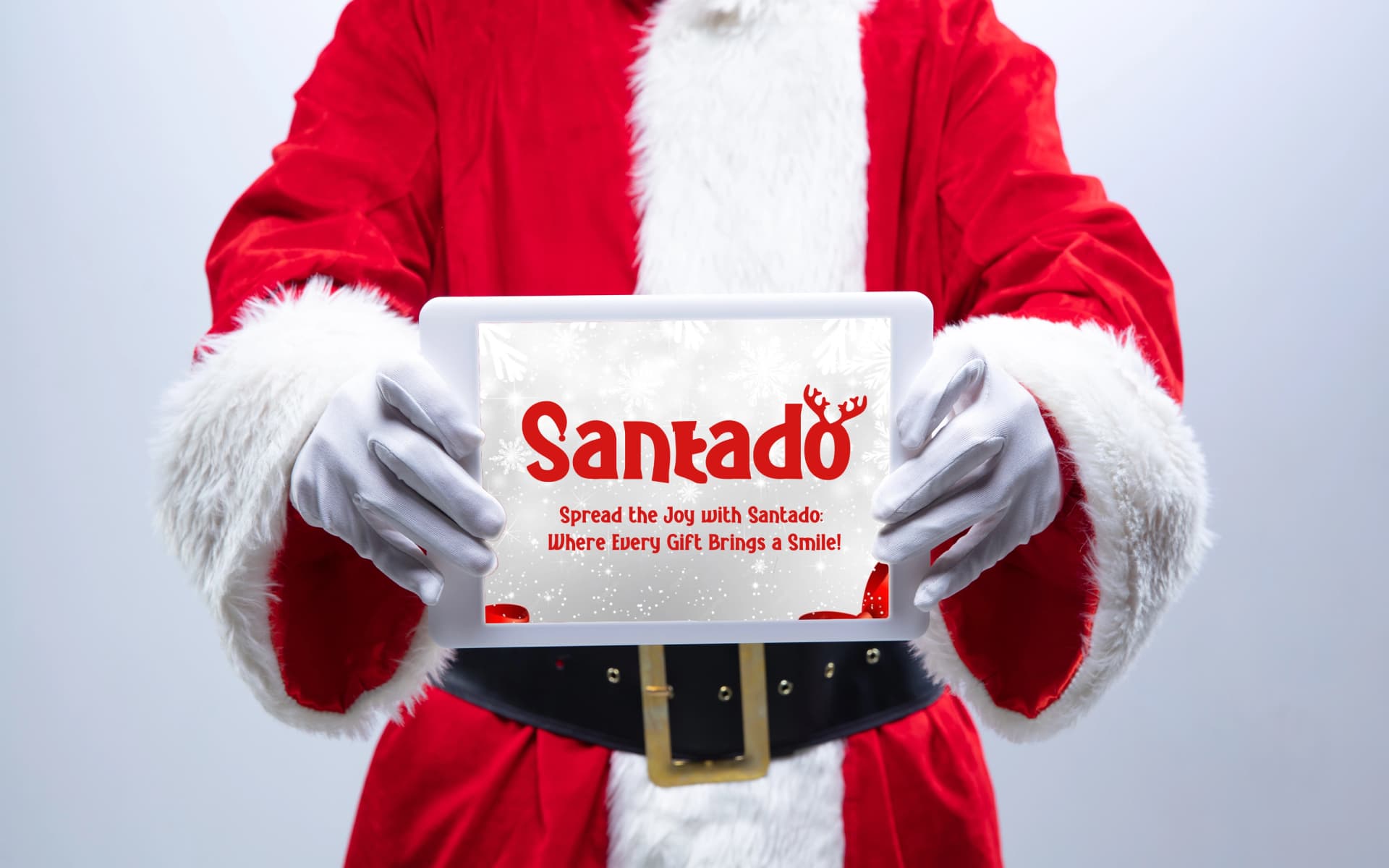 Santa Claus holding Santado brand board