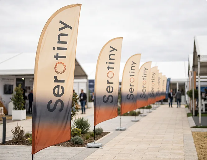Serotiny exhibition walkway flags mockup