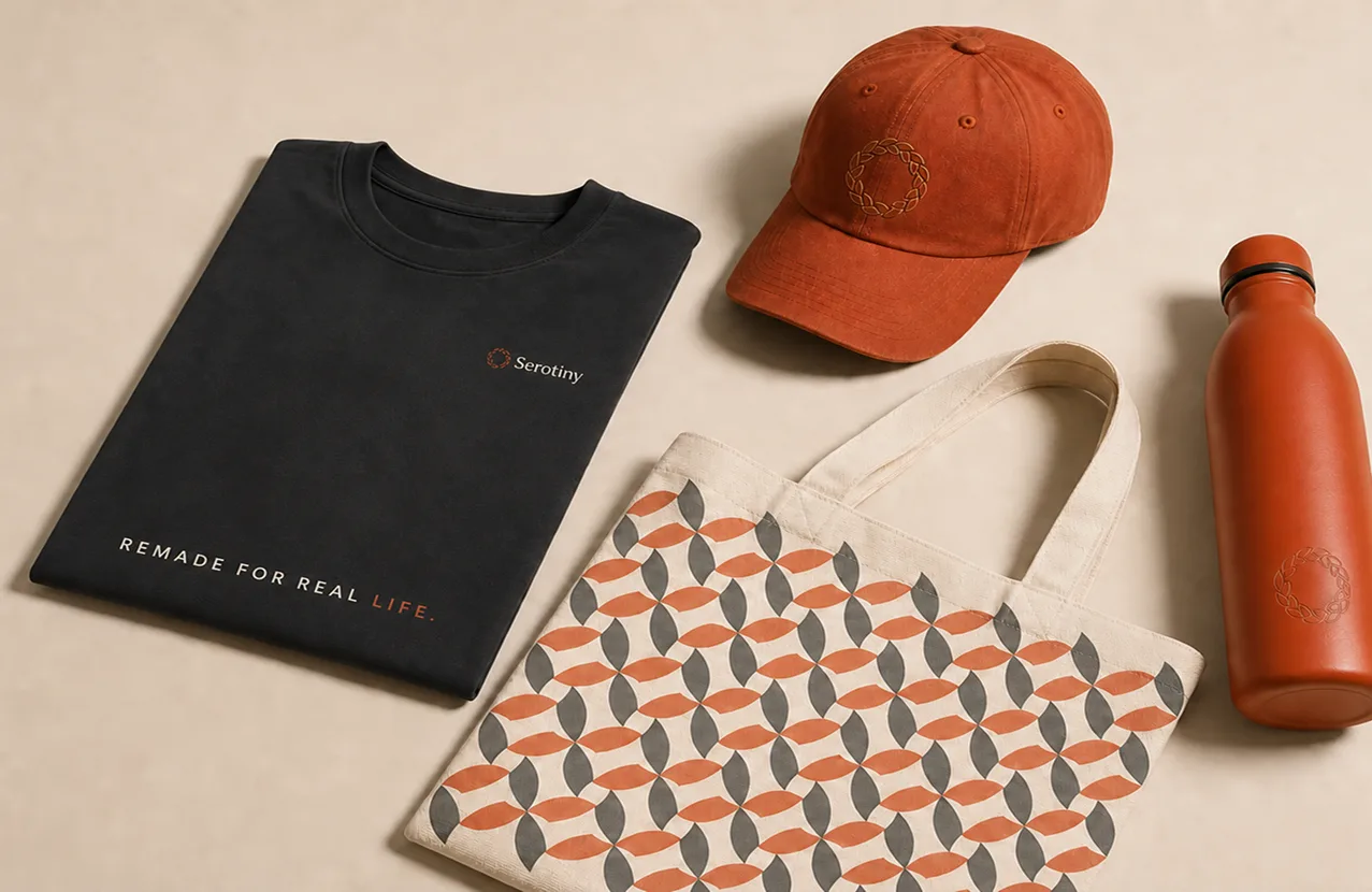Serotiny merchandise mockup: t-shirt, cap, tote bag and water bottle