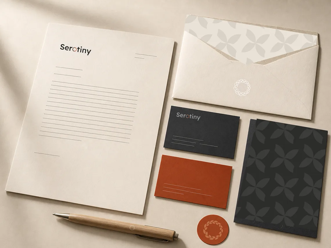 Serotiny stationery mockup: letterhead, envelope and business cards