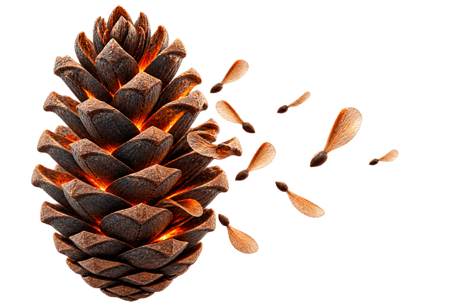 Serotinous pinecone opened, releasing winged seeds after heat