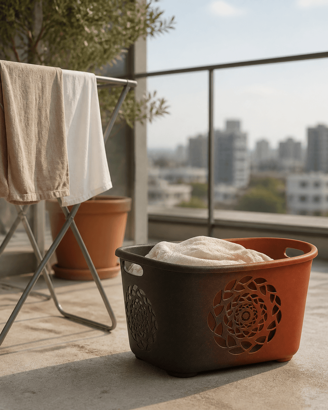 The Serotiny Laundry Basket beside a balcony drying rack