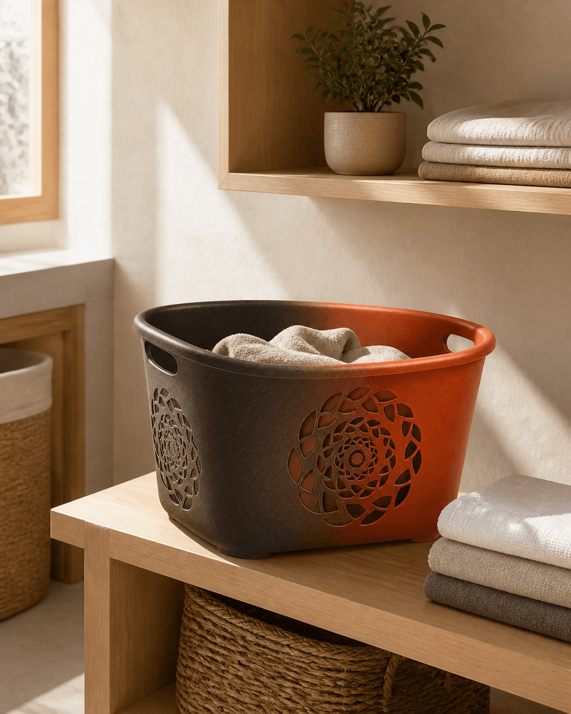 The Serotiny Laundry Basket in a sunlit home laundry room