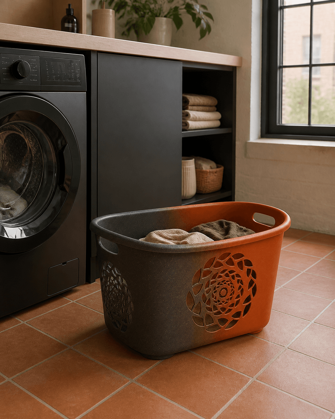 The Serotiny Laundry Basket in a shared utility room