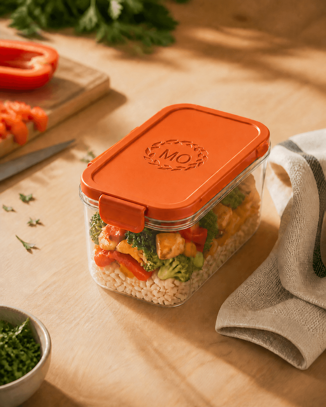 A Monday Serotiny meal container prepared on a kitchen counter