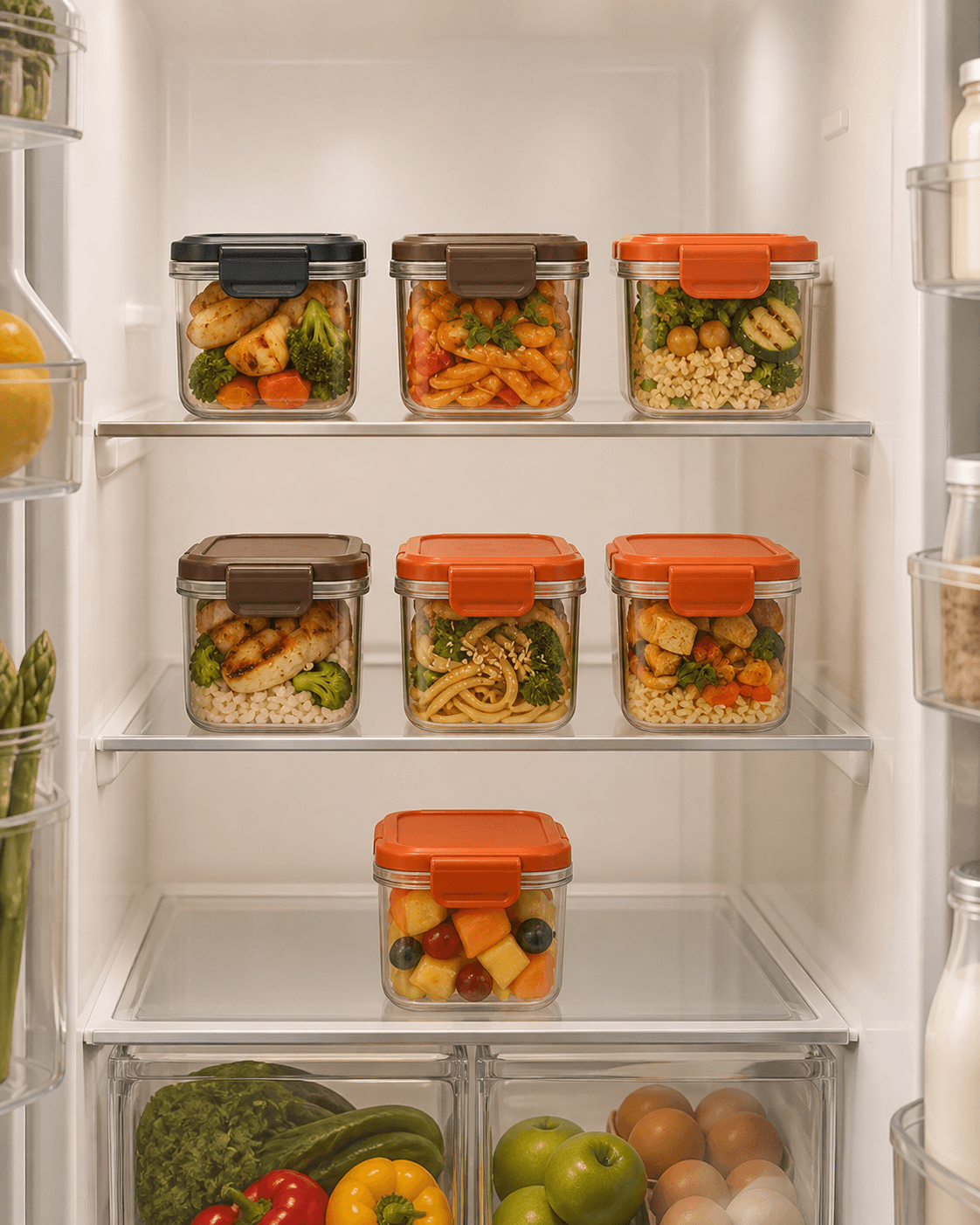 Seven Serotiny meal containers organised inside a refrigerator