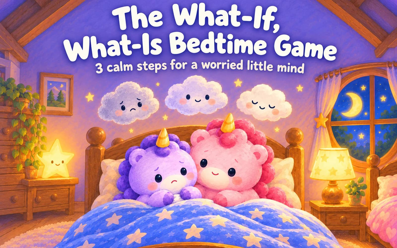 Twinkii and Lumii, two unicorn siblings, in bed under three small clouds, with the guide title