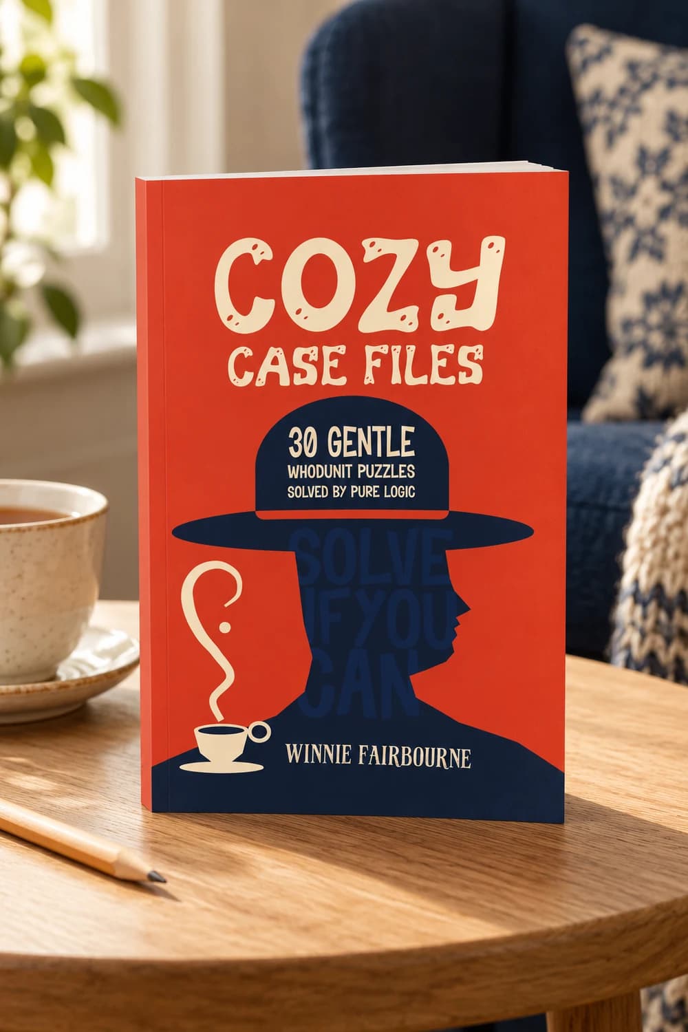 AI mockup of the Cozy Case Files paperback standing on an oak table beside tea