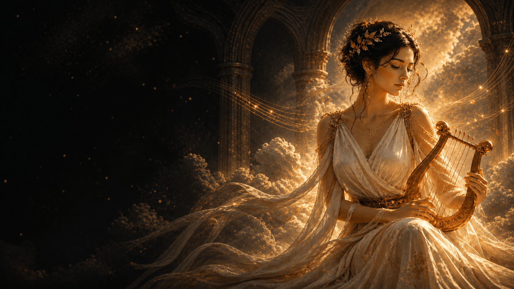 The Muse playing her harp in a celestial musical landscape